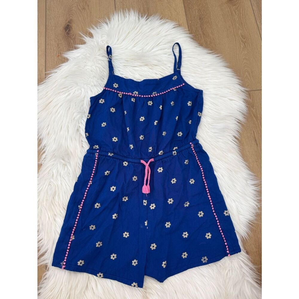 Boden Blue Floral Girls' Spaghetti-Strap Romper with Pink Trim - Size 9-10